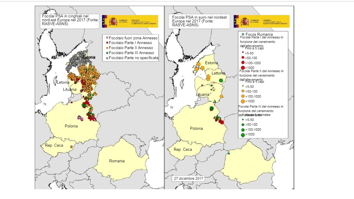 Mappa dei focolai dichiarati in Estonia, Lettonia, Lituania, Polonia, Rep. Ceca e Romania nel 2017 (Fonte RASVE-ADNS)