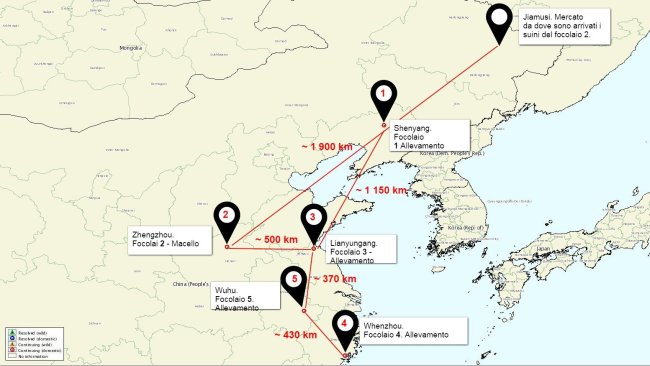 Mappa della situazione dei focolai di PSA in Cina