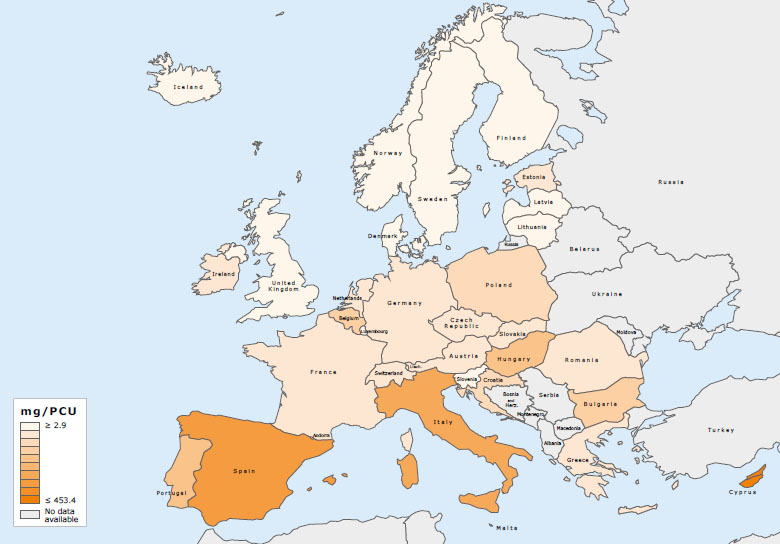 Distribuzione spaziale delle vendite totali di tutti gli antimicrobici per animali produttori di alimenti in mg/PCU nel 2016
