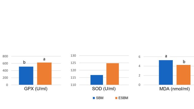 Grafico 1: L'alimentazione con soia trattata enzimaticamente con un basso contenuto di antigene di soia ha portato a concentrazioni plasmatiche più elevate di enzimi antiossidanti e una riduzione della malonil dialdeide (MDA), un marker di danno ossidativo, il giorno 14 dopo lo svezzamento, rispetto ad una farina di soia con un alto livello di antigene. (Ma et al., 2018)