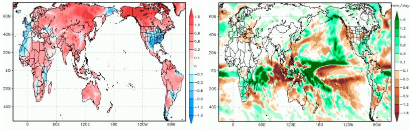 Grafico 1: In queste due mappe possiamo trovare la previsione di anomalie della temperatura e delle precipitazioni durante il mese di ottobre (Fonte: GrADS/COLA).
